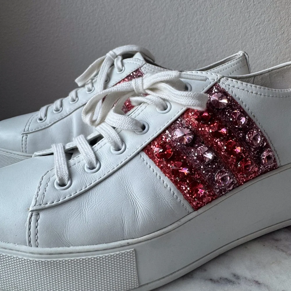 Miu Miu Crystals Glitter‎ White Leather Platform Sneakers Size 10